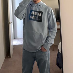 American Eagle Light Blue Baby Blue Hoodie Sweatshirt Graphic Men's Large